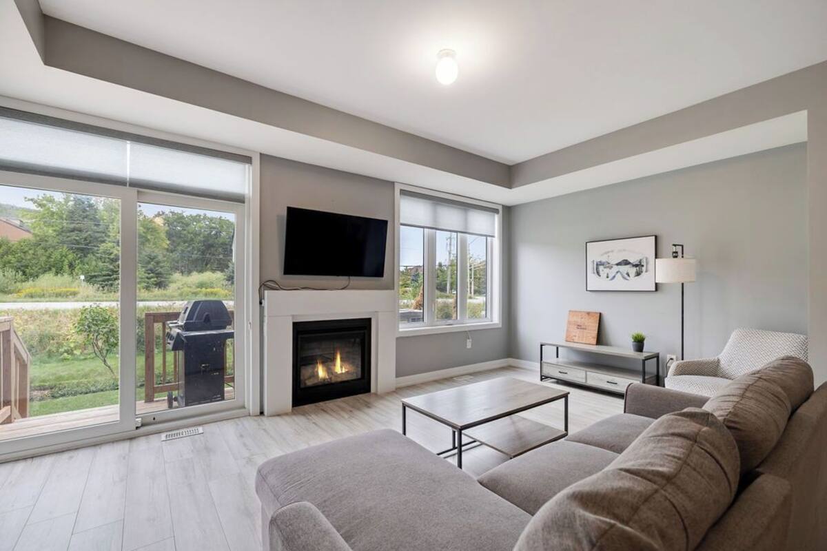 A modern living room with a fireplace, large windows, and a flat-screen TV.
