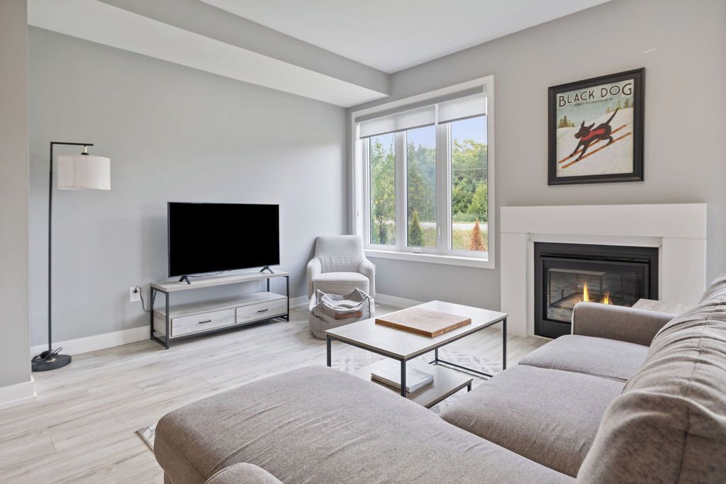A modern living room with a flat-screen TV, a fireplace, and a large window.