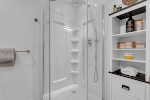 Shower, jetted bath, hair dryer, bidet