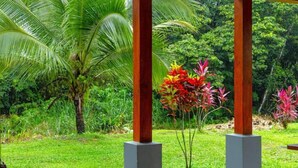 A garden area with a wooden pergola, lush greenery, and a variety of plants. - Private River - Nature Cabin Near La Fortuna (La Fortuna,)