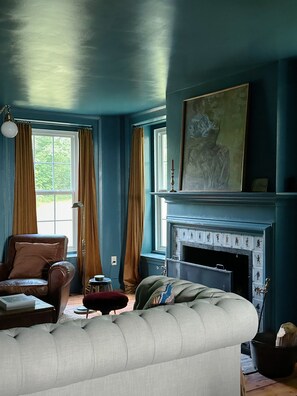 Smart TV, fireplace, books