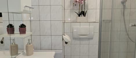 Regadera, toallas, jabón, papel de baño