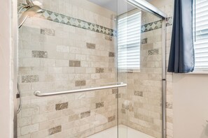 Hair dryer, towels, soap, toilet paper