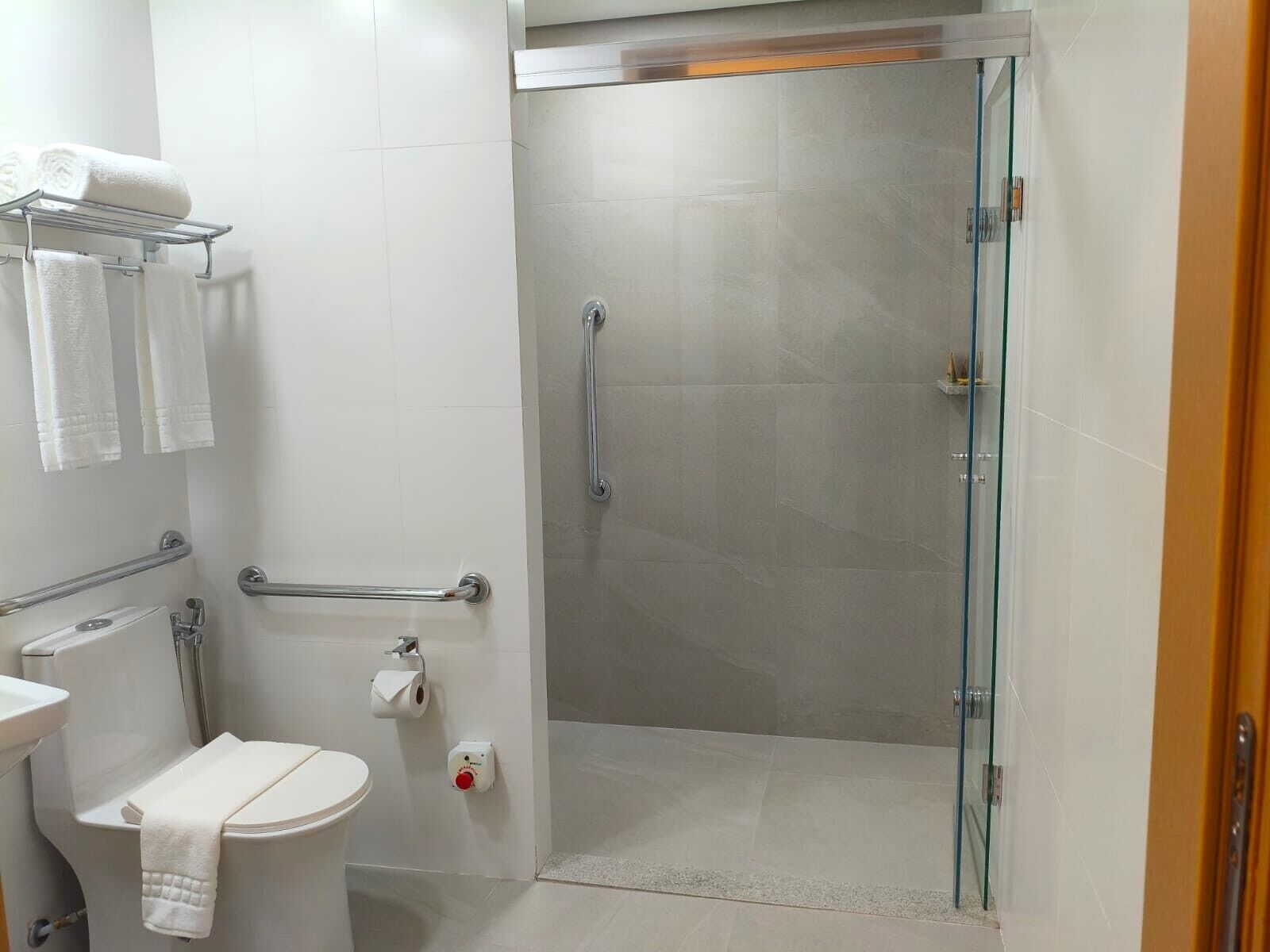 A bathroom with a toilet, sink, towel rack, and a glass-enclosed shower stall.