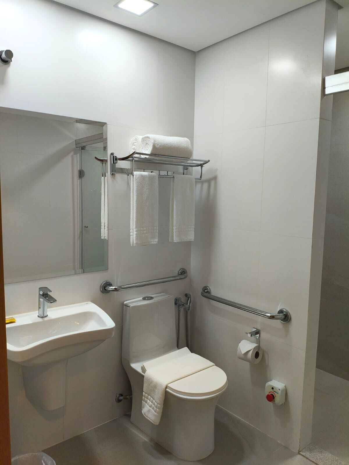 Een moderne badkamer met een wastafel, toilet en douche.