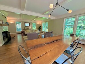 Smart TV, fireplace, ping pong, books