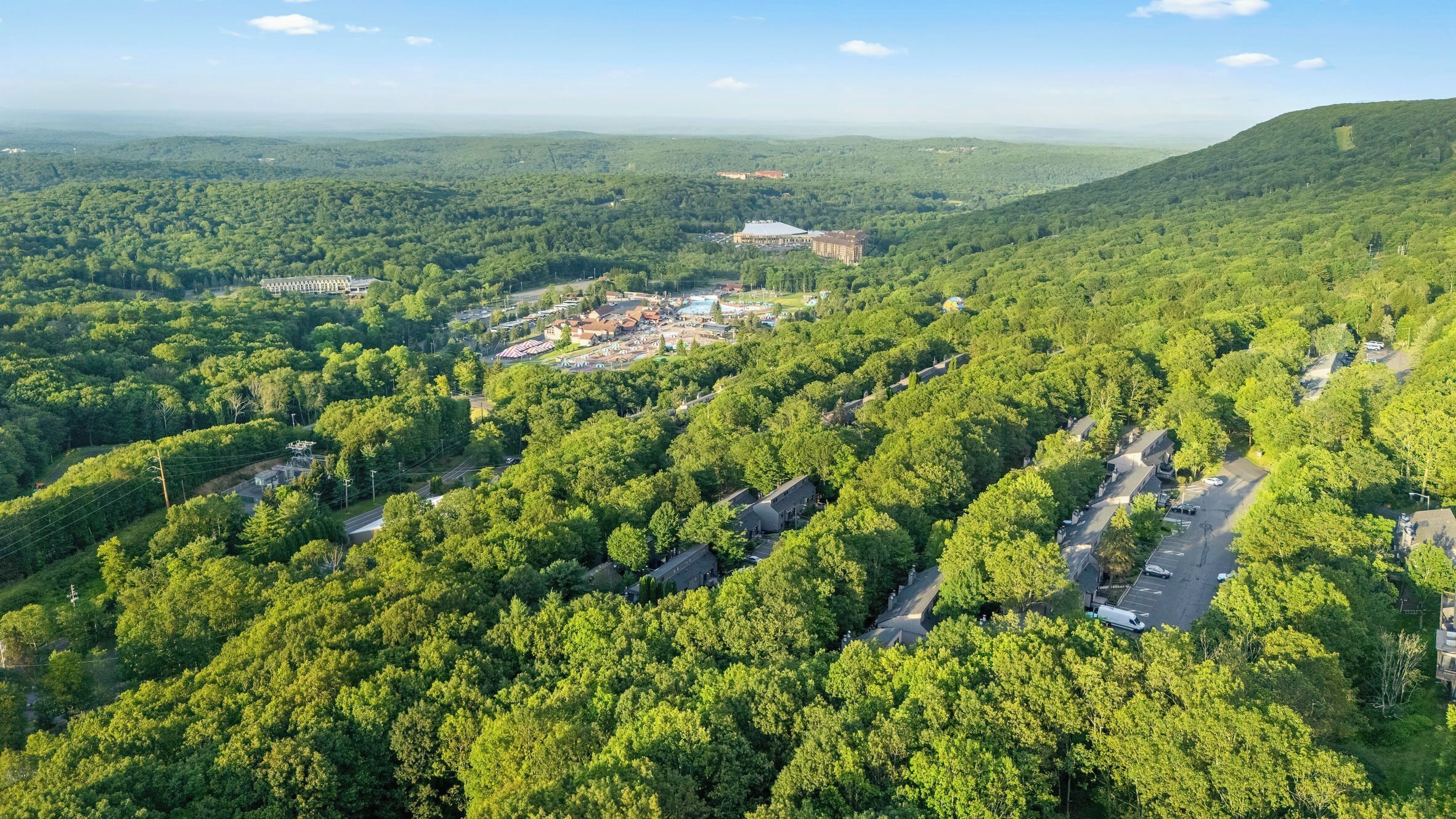 An aerial view of a forested area with buildings, roads, and a clear sky.