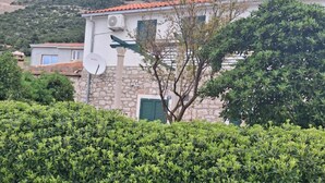 Ein Steinhaus mit Satellitenschüssel, grünen Fensterläden und einem Hecken im Vordergrund.