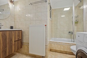 Hair dryer, towels, soap, toilet paper
