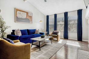 TV, fireplace, books, offices