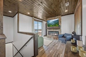 Televisio, takka, videopelejä, työhuone