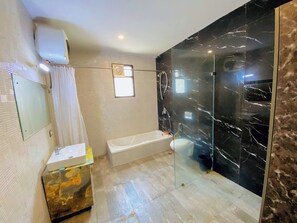 Shower, towels, soap, toilet paper