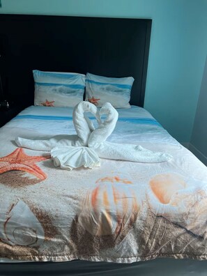 1 bedroom, desk, iron/ironing board, travel cot