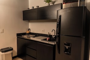 Chambre Triple, vue ville | Cuisine privée | Lave-vaisselle, batterie de cuisine, vaisselle et ustensiles