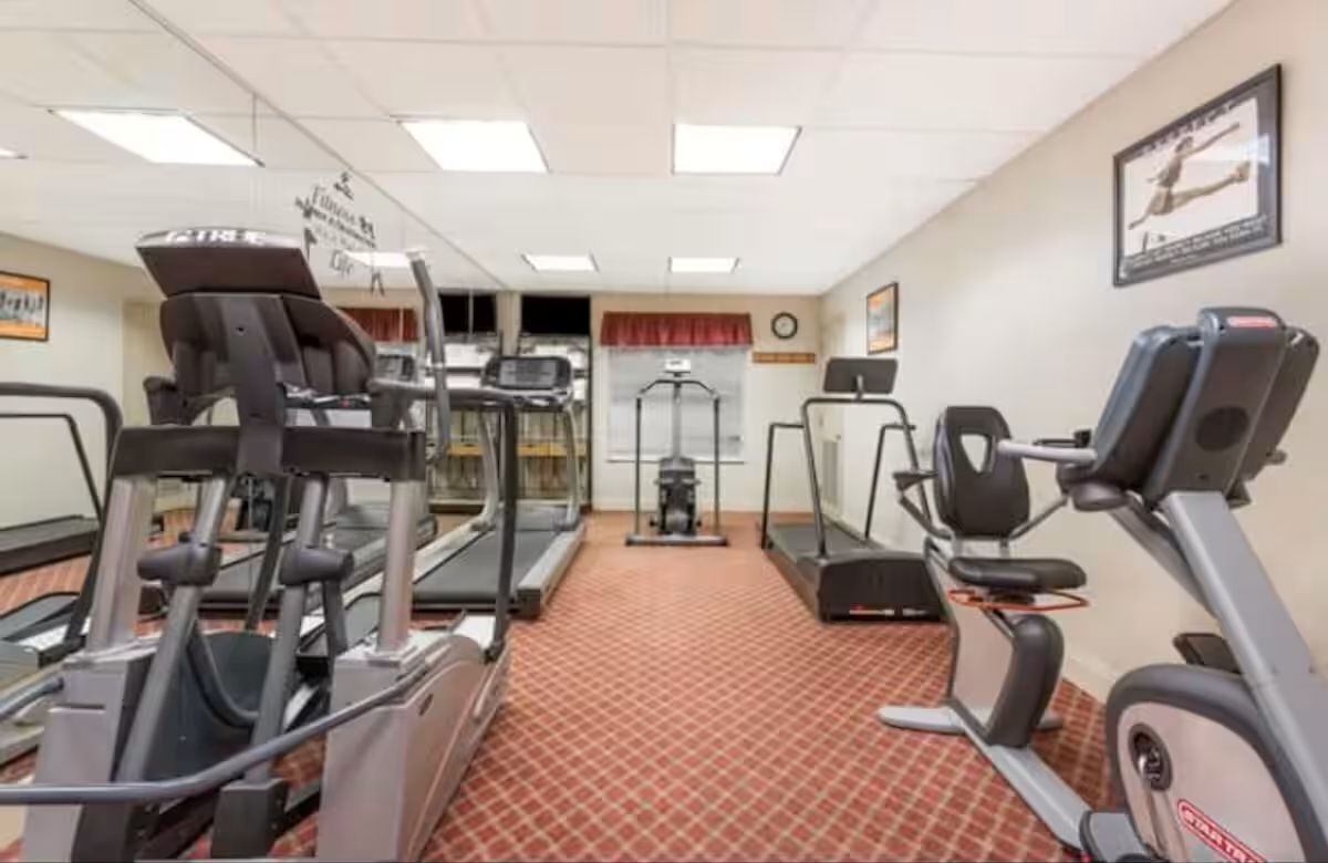 A gym with treadmills, elliptical machines, and a stationary bike.