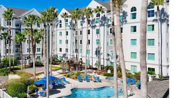 A hotel with a swimming pool surrounded by palm trees and blue lounge chairs.
