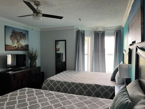 1 bedroom, desk, iron/ironing board, travel cot