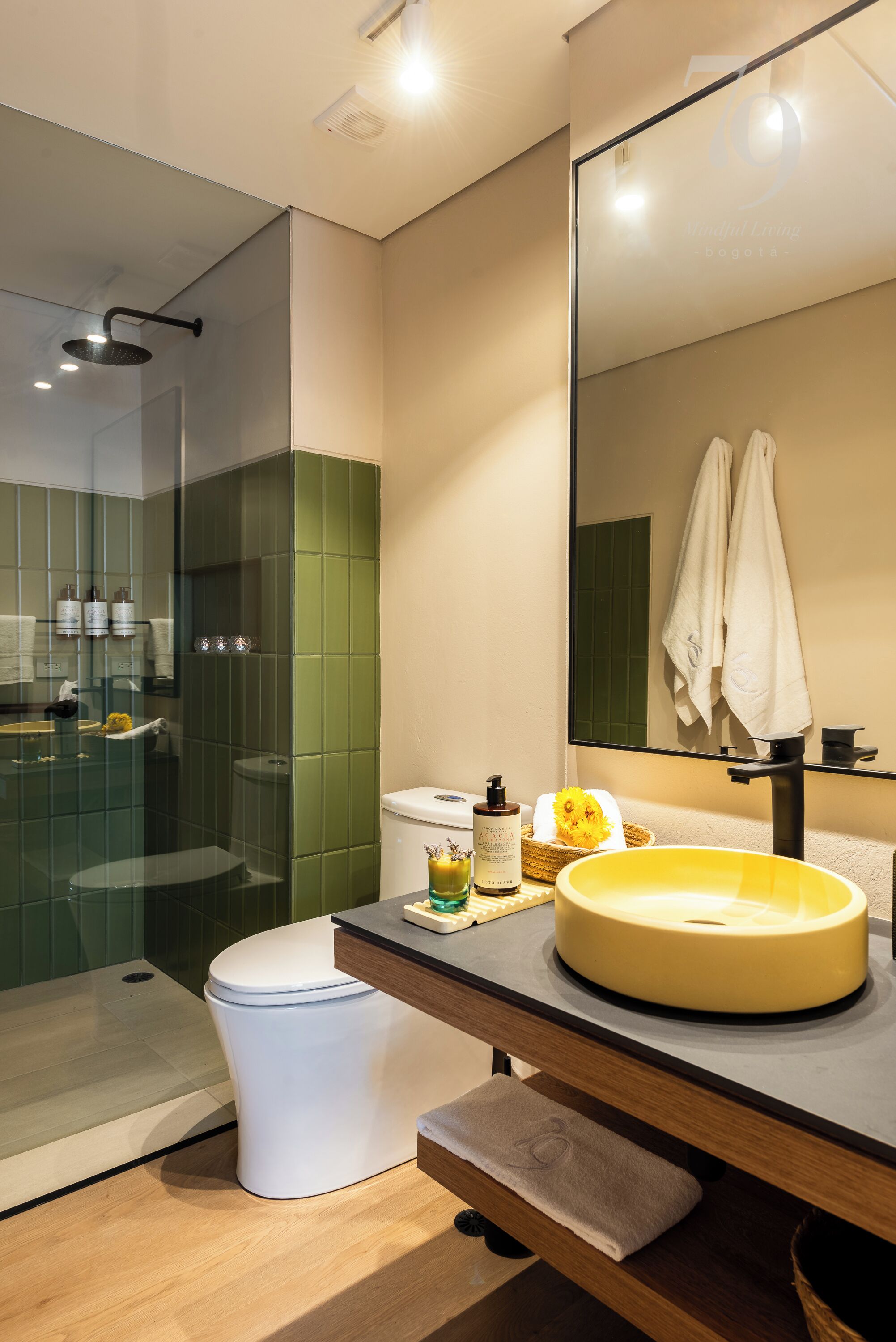 Ein modernes Badezimmer mit einer Duschkabine, einer Toilette, einem Waschbecken mit großem Spiegel und einem Waschtisch mit Pflegeprodukten.