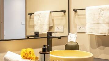A bathroom with a large mirror, a sink, and two towel racks.