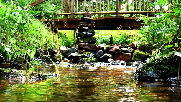 A wooden bridge over a stream with rocks and greenery.