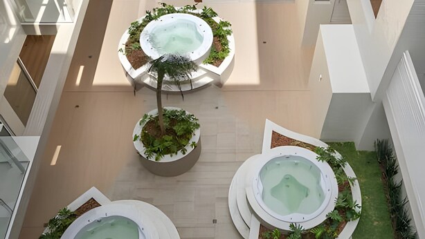 Terraza en la azotea con tres tinas de hidromasaje rodeada de vegetación.