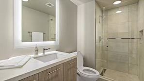 Hair dryer, towels, soap, toilet paper