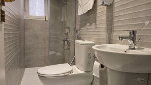Shower, hair dryer, bidet, towels