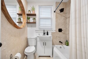 Hair dryer, towels, soap, toilet paper
