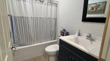 Secadora de cabello, toallas, jabón, papel de baño