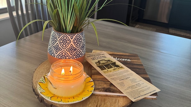 Une table à manger ornée d’une plante en pot, d’une bougie allumée et d’un menu.