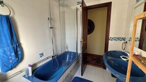 Hair dryer, bidet, towels, soap