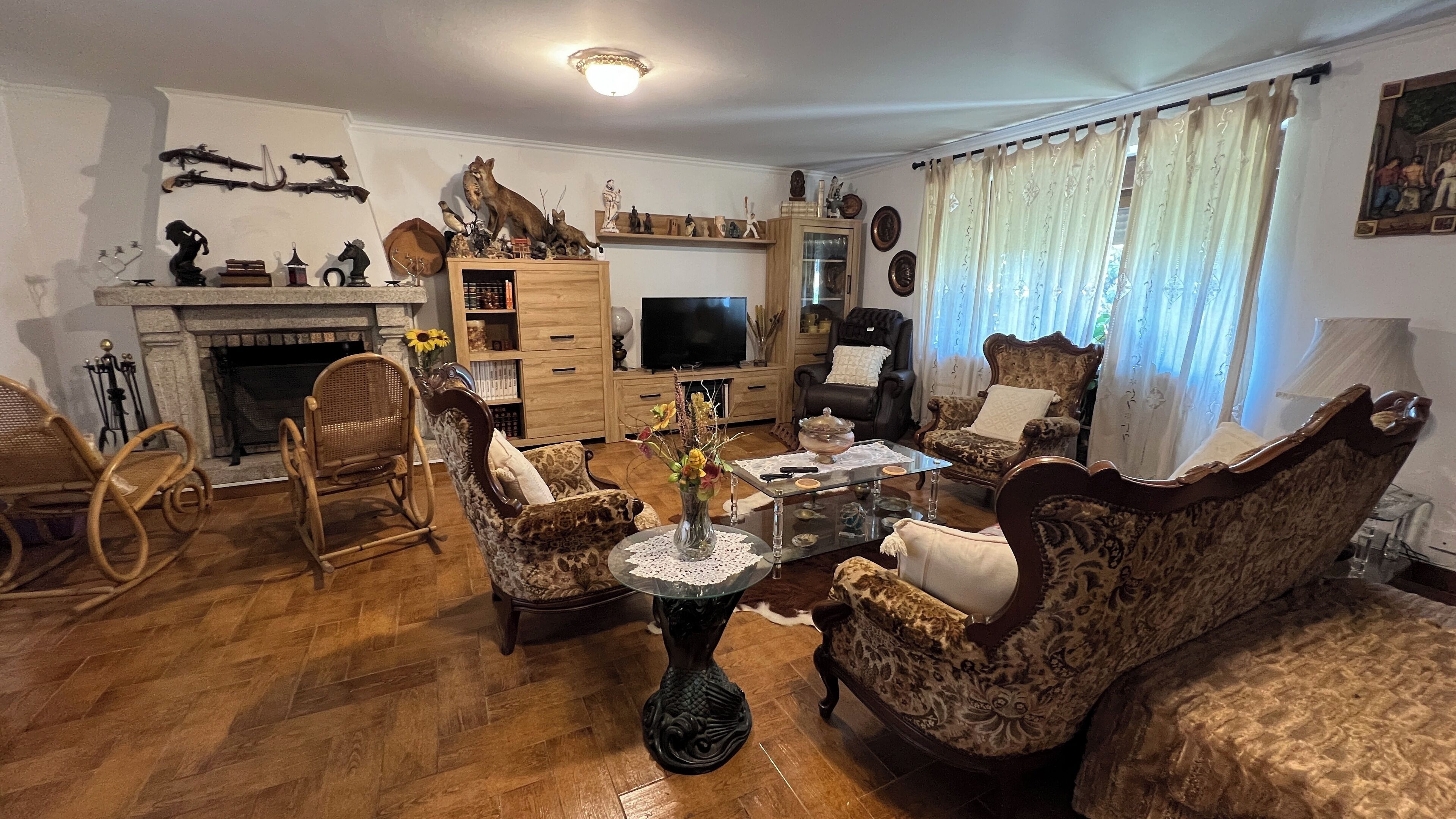 Smart TV, fireplace, books, stereo