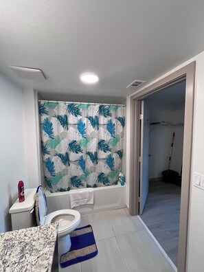 Hair dryer, towels, soap, toilet paper