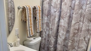 Une salle de bain équipée de toilettes, d’un lavabo et d’un rideau de douche.