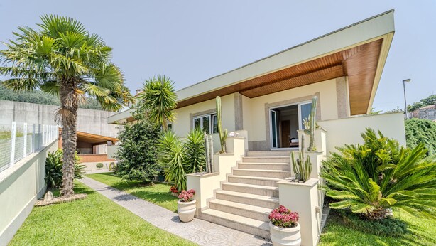 A modern house with a stone staircase leading to a wooden door, surrounded by lush greenery and potted plants.