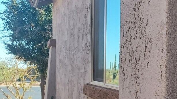 A stucco exterior wall with a window and potted plants along the base. - Escape to Gold Canyon. Enjoy Mountain Views, Desert Trails&Premier Golf Courses. (Gold Canyon)