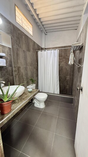 Shower, towels, soap, toilet paper