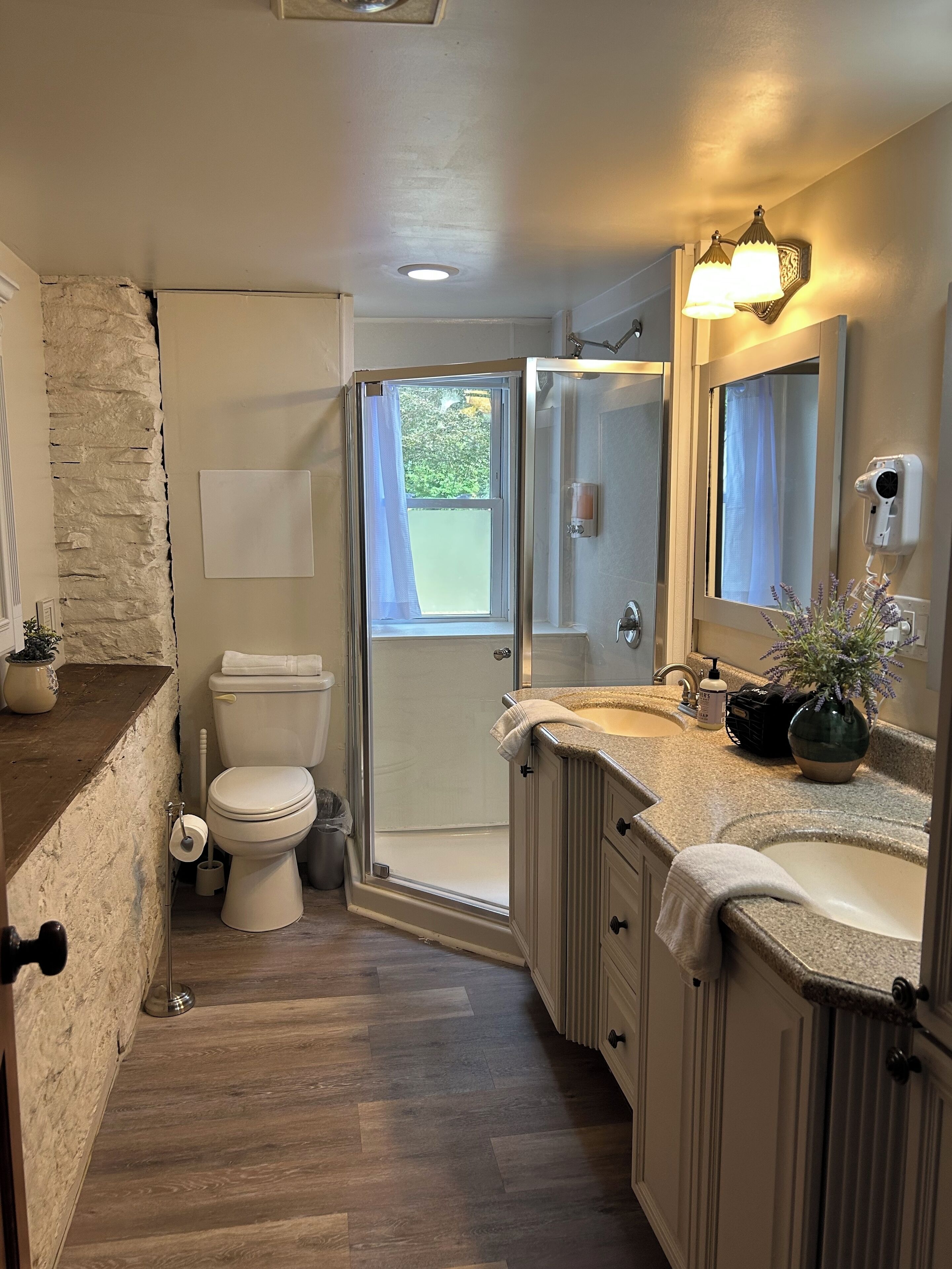 Jetted bath, hair dryer, towels, soap