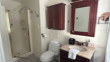 A bathroom with a toilet, a sink, a mirror, and a shower.