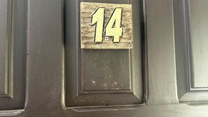 A close-up of a door with a number plate displaying the number 14.