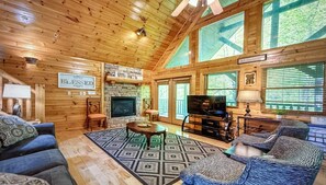 Smart TV, fireplace, foosball