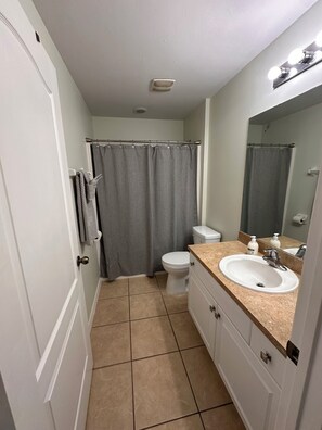 Hair dryer, towels, soap, toilet paper
