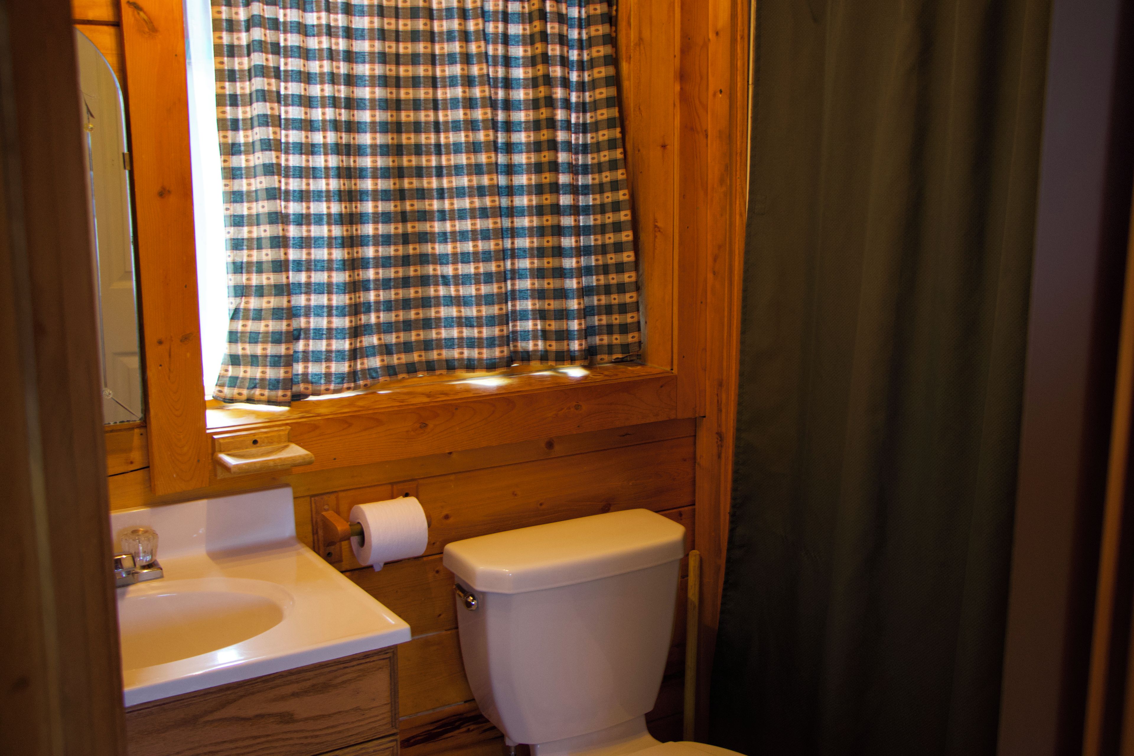 A bathroom with a wooden interior, a window with a checkered curtain, a toilet, and a sink with a roll of toilet paper.