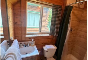 Douche, sĂšche-cheveux, serviettes fournies, savon