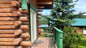 A log cabin with a wooden deck and a green railing. - McNeil River Cabin, Homer Floatplane Lodge (Homer)