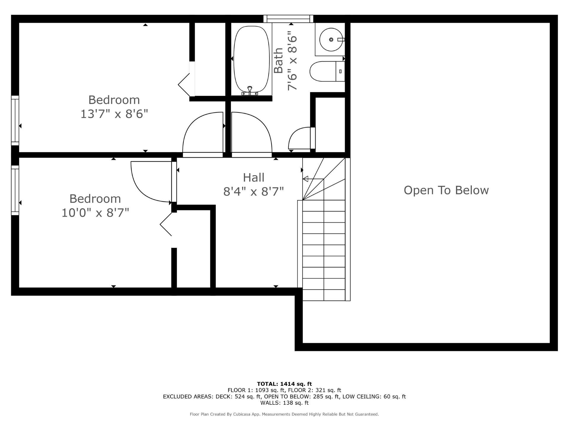 Een plattegrond van een gebouw met twee verdiepingen en een totale oppervlakte van 1414 vierkante voet. Het toont twee slaapkamers, een badkamer, een hal en een open ruimte die leidt naar de kelder.