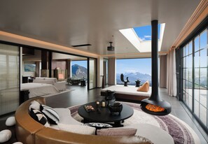 Suite de lujo, vistas a la montaña | Ropa de cama de alta calidad, minibar, caja fuerte