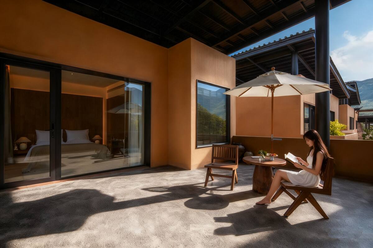 A modern room with a large sliding glass door leading to a balcony. There is a bed with white bedding, a wooden chair, and a table with a white umbrella.