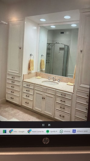 Hair dryer, towels, soap, toilet paper