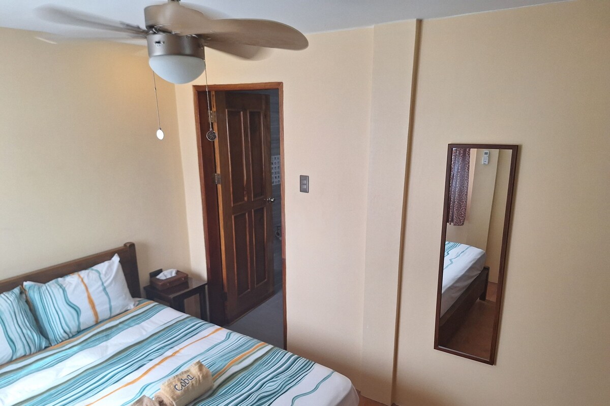 A bedroom with a bed, a ceiling fan, a wooden door, and a mirror.